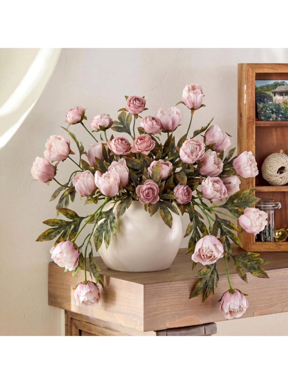 Elegant Faux Silk Peony Flowers - 8 Pcs Stem for Home Decor, Brownish Vases